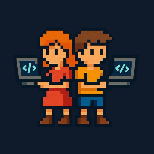 Pixel art depicting two individuals holding laptops, engaged in a collaborative work session.