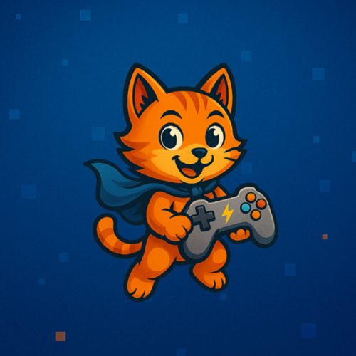 Cartoon cat joyfully holding a video game controller, ready to play.